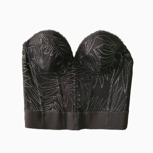 Vintage Black Silver Lace Corset Strapless Floral Bustier Mesh Lingerie NYE 34B